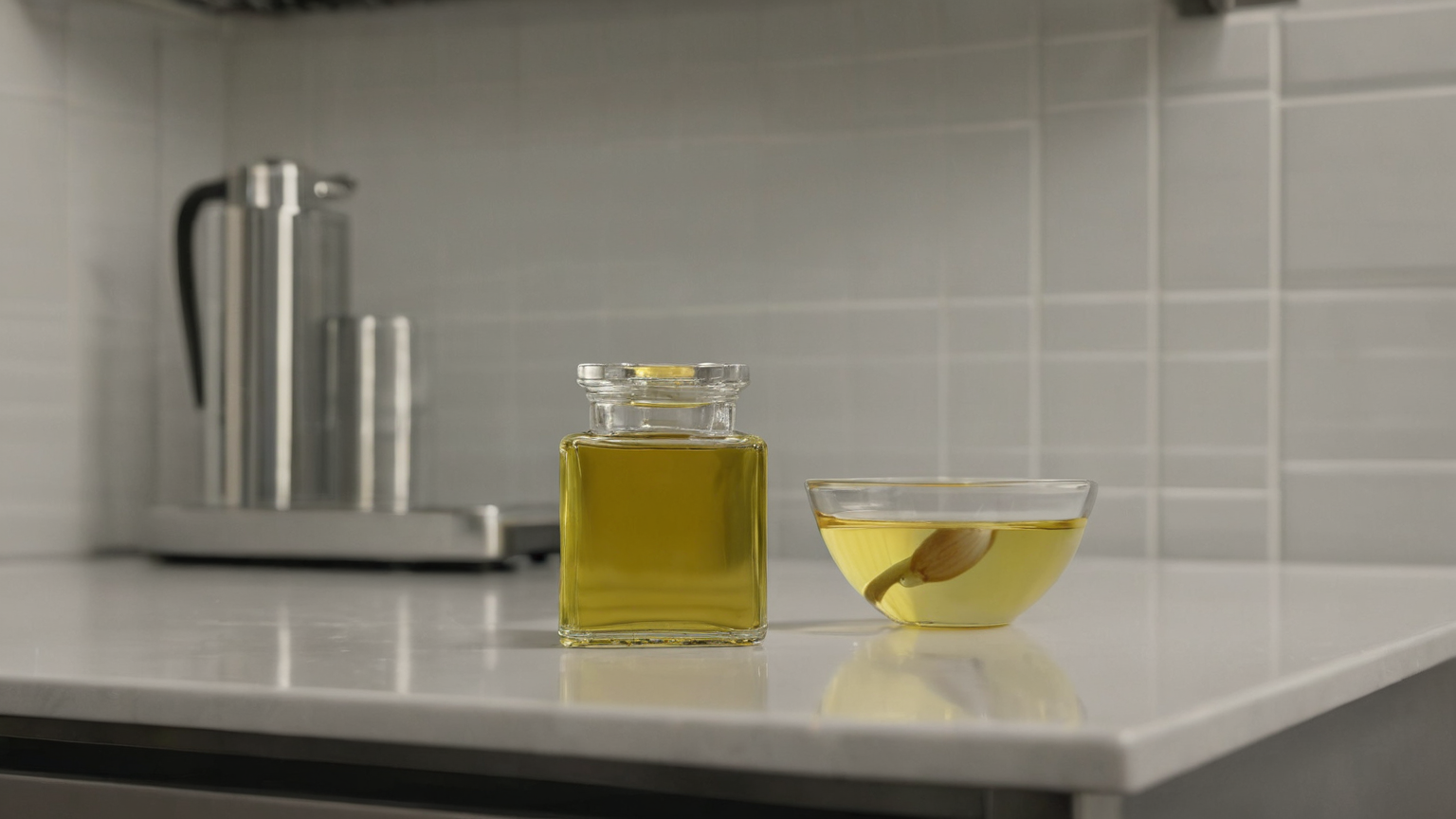 Plain glass bowls with garlic and oil staged beside a refrigerator