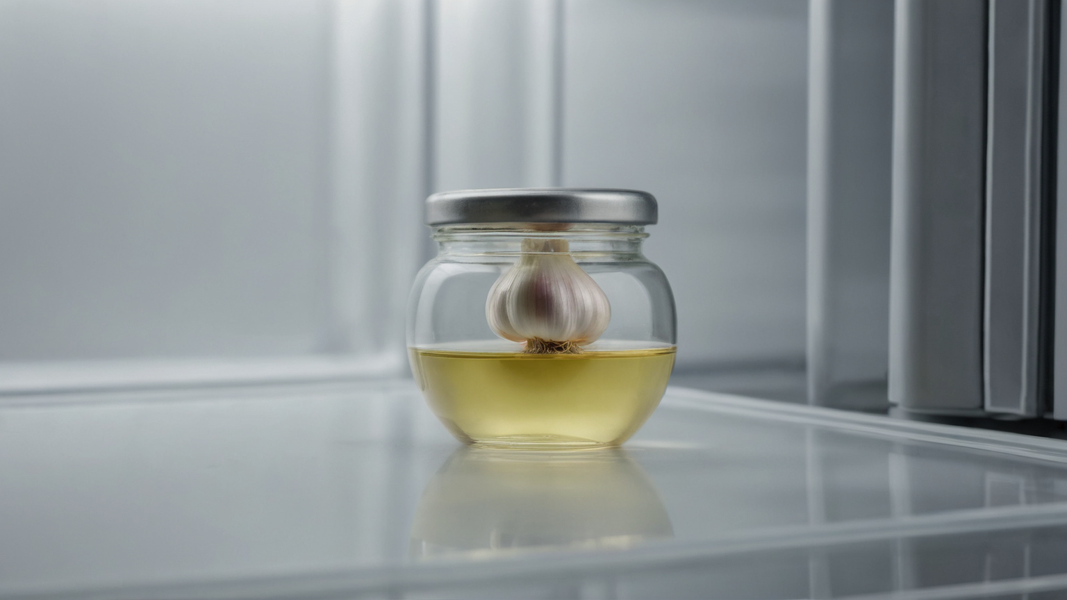 A small sealed glass container kept on a clean refrigerator shelf