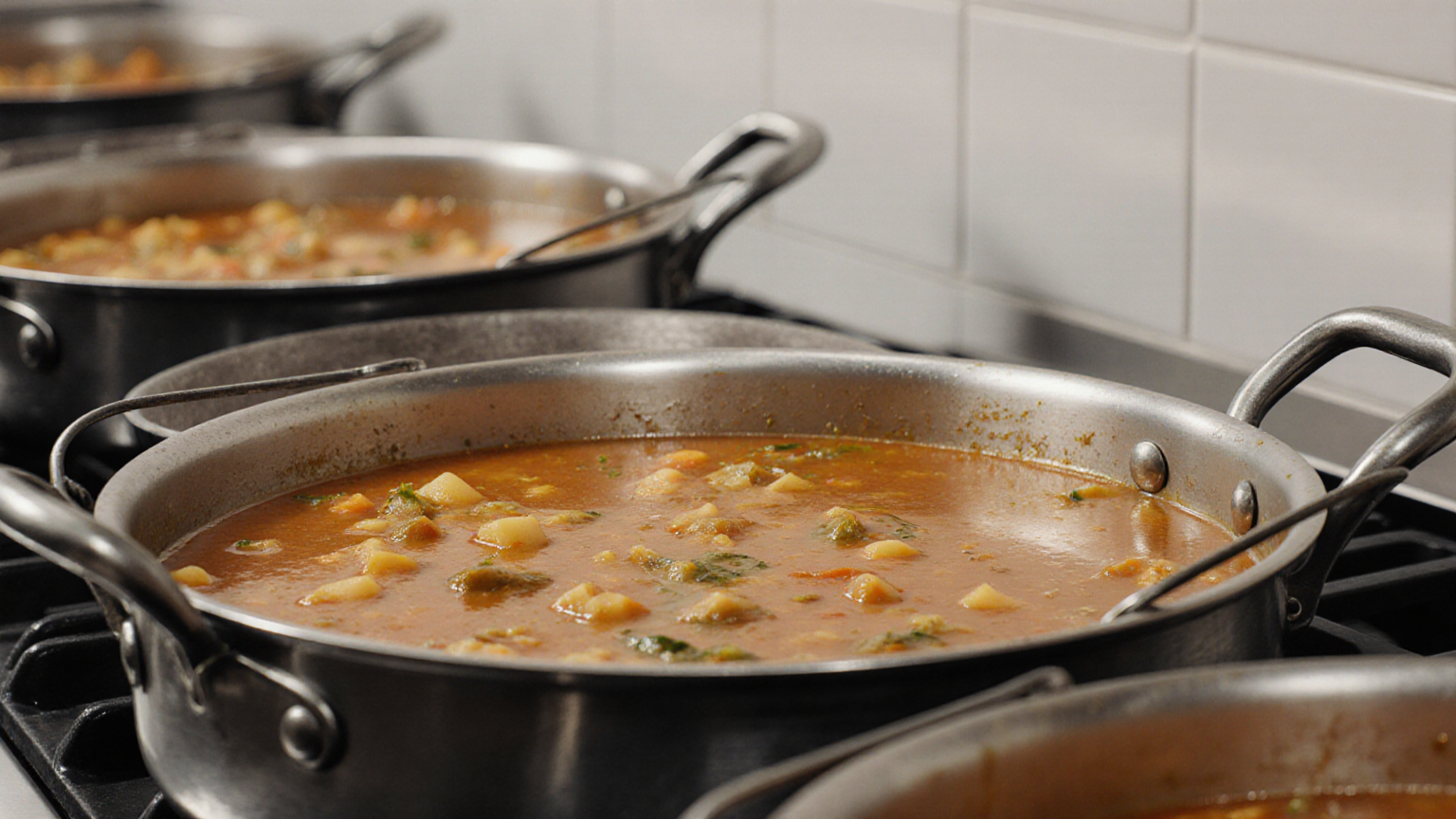 Shallow metal pans holding thin layers of soup