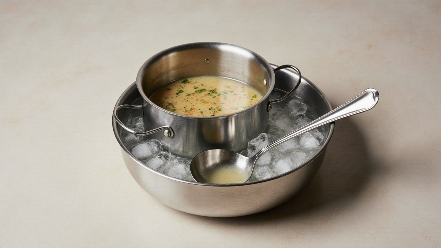A metal soup container in an ice-water bath below the rim