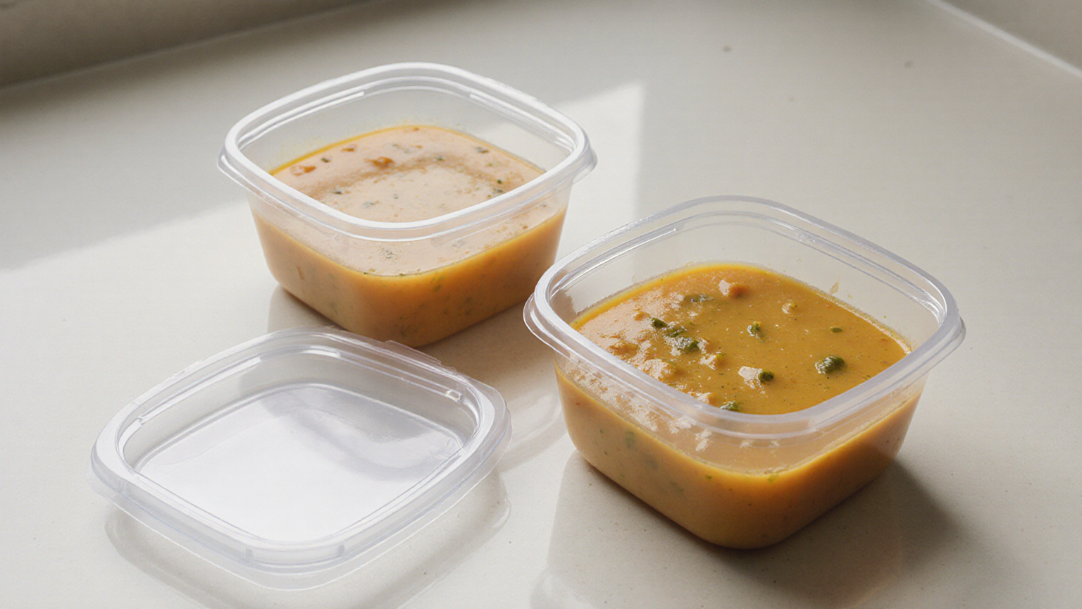 Portioned soup cooling in several small food-safe containers