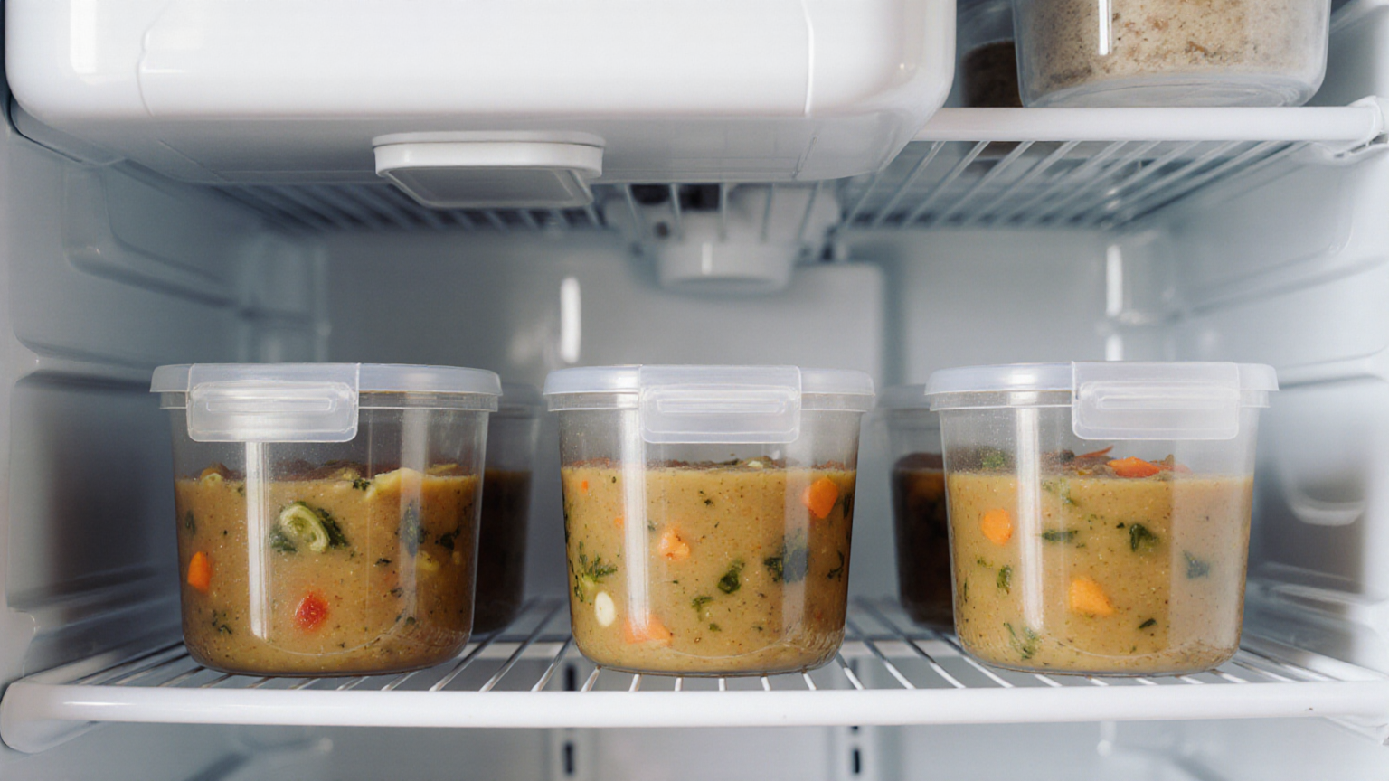 Covered cooled soup containers spaced on a clean refrigerator shelf
